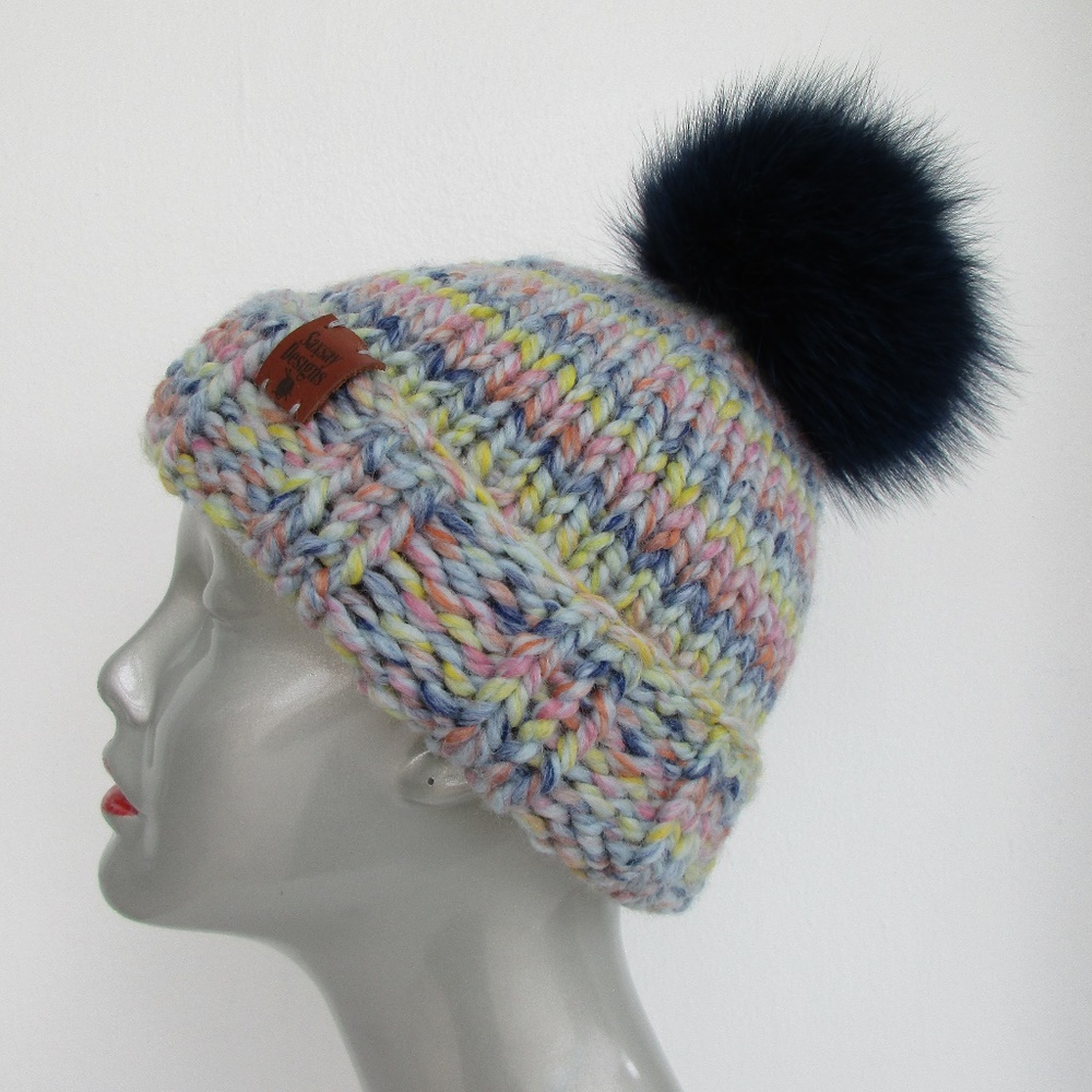 Real fur pompom hat, knit winter hat, Merino wool